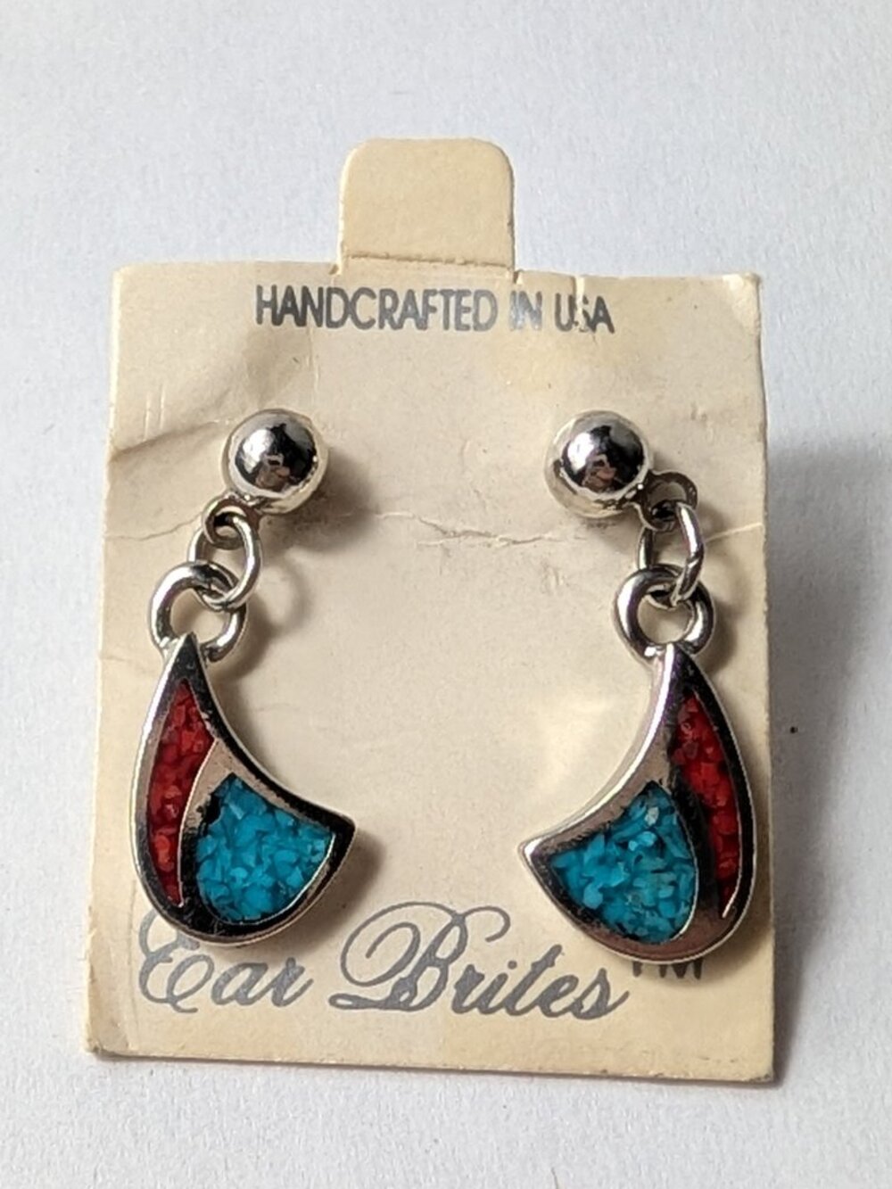 Vintage COP Castings on Parade Turquoise Coral Inlay Silver Drop Earrings